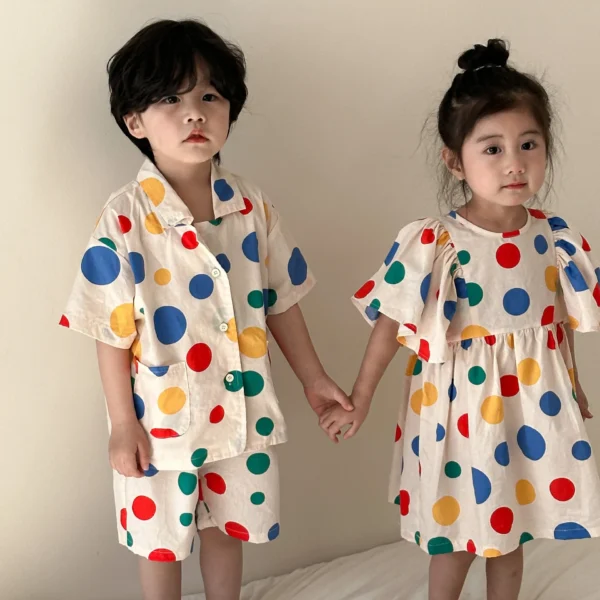 Summer Brother Sister Clothes Colourful Polka-dot Cotton Girls Dress Short Sleeve Tops Loose Shorts Two Piece Suit Sibling Look - Image 4
