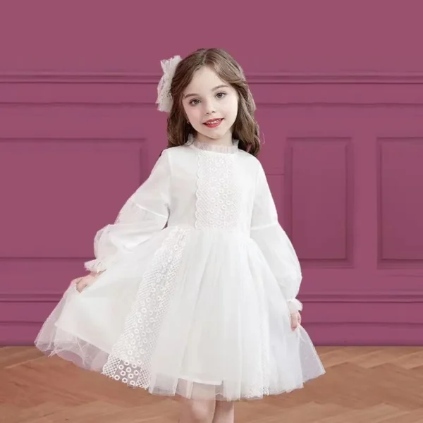 Spring Autumn Kids Girls Dresses Lantern Sleeve Lace Princess Dress Pearl Sweet O-neck Mesh Party Children's Clothing Vestidos - Image 6