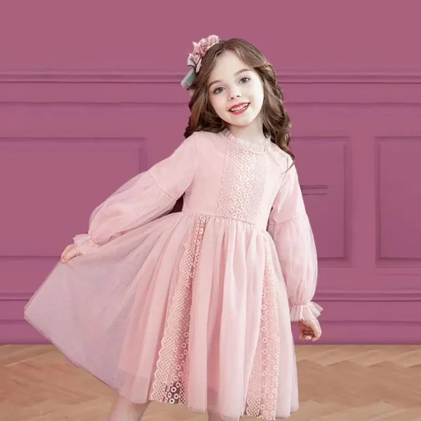 Spring Autumn Kids Girls Dresses Lantern Sleeve Lace Princess Dress Pearl Sweet O-neck Mesh Party Children's Clothing Vestidos - Image 5