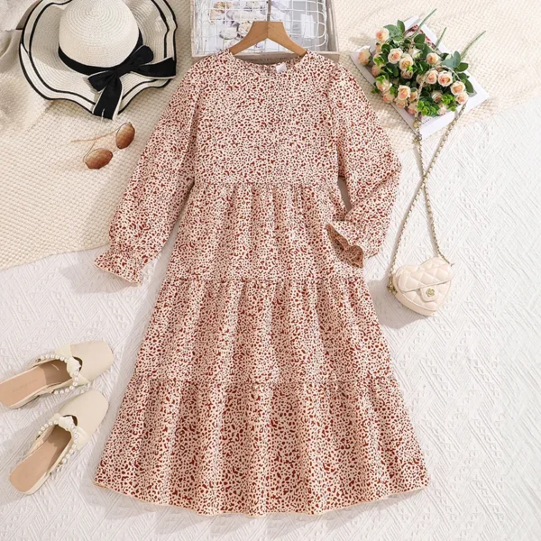 Kids Dress For Girls Beige Pattern Long-Sleeved Dress Classic Design Brief Gentle And Generous Style Children Birthday Clothes - Image 2