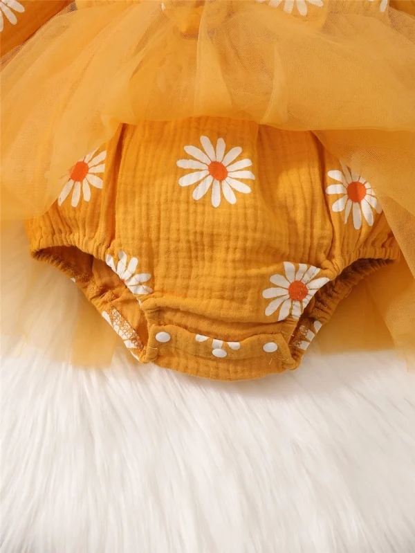 Newborn Baby Girl Romper Dress Long Sleeve Flowers Print Tulle Bodysuit Yellow Spring & Autumn Dress with Headband Clothes - Image 6
