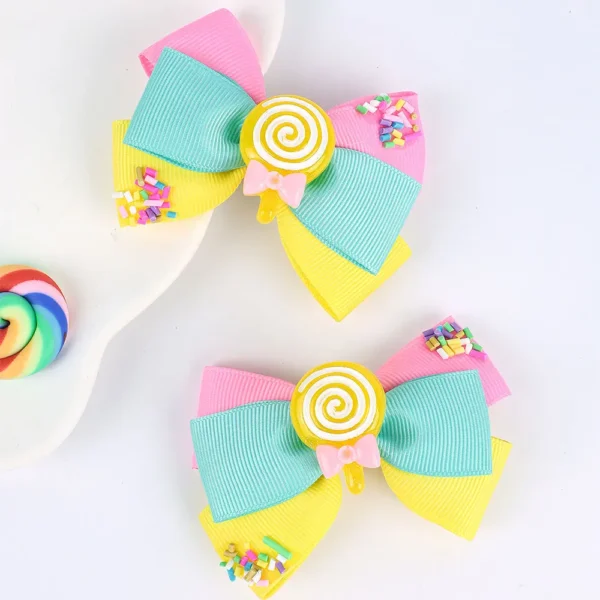 2Pcs Lollipop Hair Bow Clip Cute Candy Girls Rainbow Hairpin Ribbon Bowknote Headwear Toddler Barrettes Girls Hair Accessories - Image 6