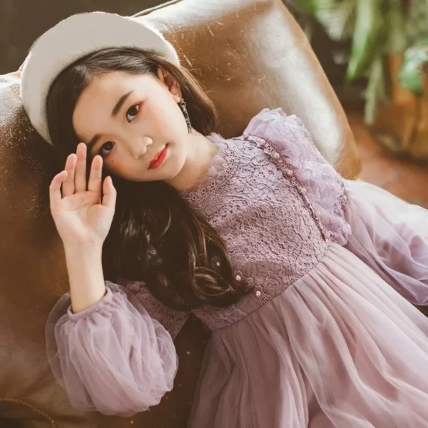 Spring Autumn Kids Girls Dresses Lantern Sleeve Lace Princess Dress Pearl Sweet O-neck Mesh Party Children's Clothing Vestidos - Image 3