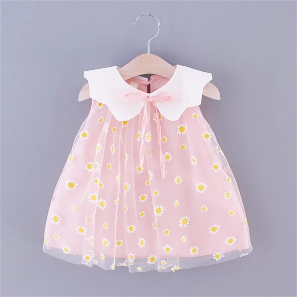 Summer Children's Dress Girl's Little Daisy Big Flip Collar Solid Color Sleeveless Sweet Cute Mesh Dress