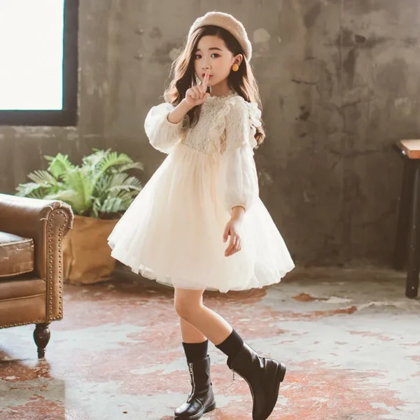 Spring Autumn Kids Girls Dresses Lantern Sleeve Lace Princess Dress Pearl Sweet O-neck Mesh Party Children's Clothing Vestidos - Image 2