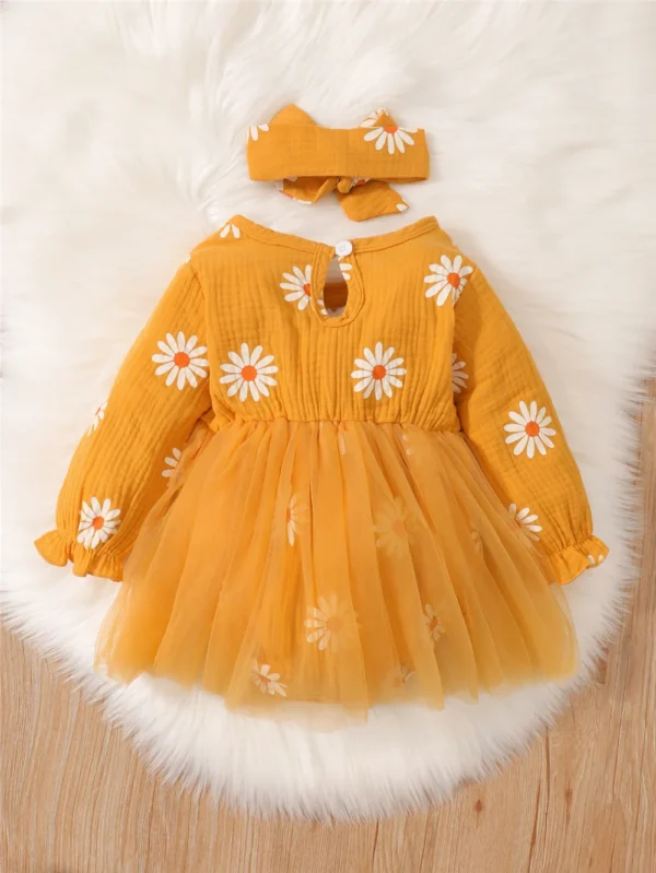 Newborn Baby Girl Romper Dress Long Sleeve Flowers Print Tulle Bodysuit Yellow Spring & Autumn Dress with Headband Clothes - Image 2