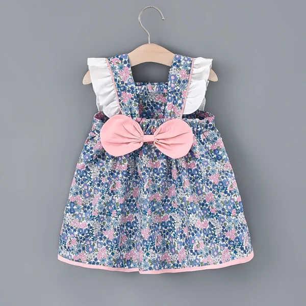 Baby Girls Floral Print Princess Dress With White Lace On The Sides And A Big Bow In The Back - Image 3