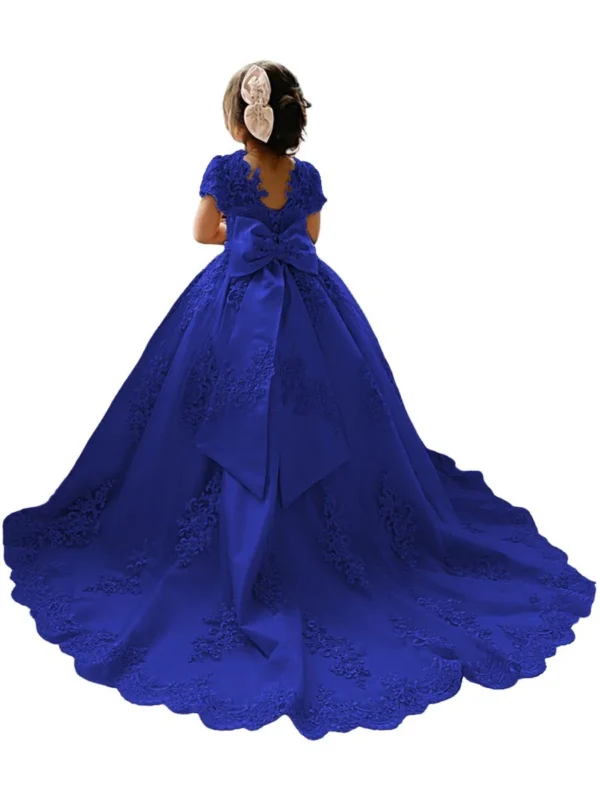 Girls Princess Flower Girl Dresses for Wedding With Bow-knot Beaded Appliques Pageant Dress Kids Long Train Wedding Party Gowns - Image 2
