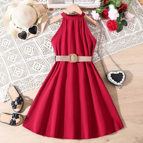 Summer Teenage Dresses For Kids Girls With Belted Halter Off Shoulder Formal Party Dress Children Girls Toddler Clothes 8-11Y - Image 3