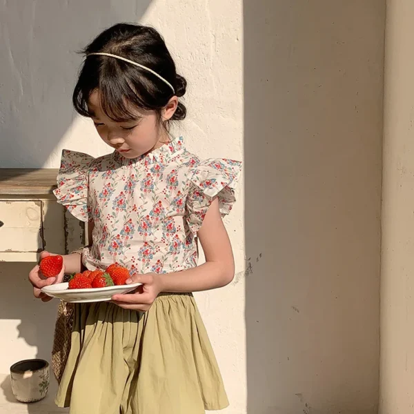 Summer 2024 Little Girls T-shirt Cotton Fly Sleeve Ruffle Collar Babys Girls Blouse Loose Floral Printed Children Girls T-shirts - Image 3