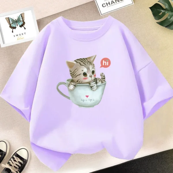 Cute Cat T-shirt in Cup Summer Short Sleeve Casual Tees Girls Top Kids Kawaii Clothing - Image 2