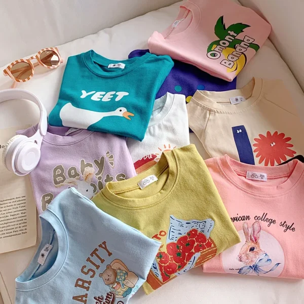 Summer Korean Toddler Girl Tees Cotton Round Collar Rainbow Baby Girl Tops Letter Printed Lose Thin Little Children Girl T-shirt