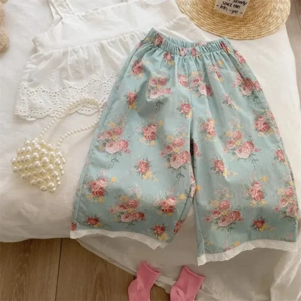 Summer Thin Korean Children'S Floral Pants For Girls With Cotton Lace Stylish And Trendy Cropped Pants Baby Kids Trousers - Image 3