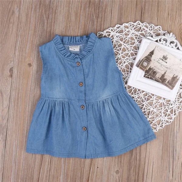 0-24months Baby Girls Sleeveless Dress Solid Blue Ruffle Collar Single-Breasted Denim Dress For Infant Girls Sweet Summer Dress
