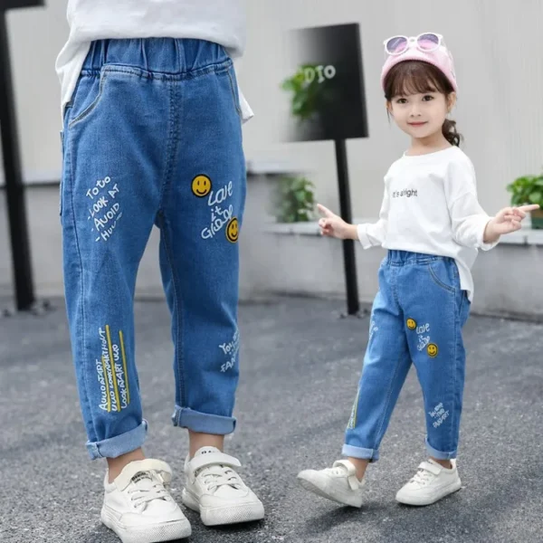 Spring Autumn Baby Girls Denim Pants Cartoon Print Versatile Children Girls Ripped Jeans Elastic Waist Kid Little Girls Trousers - Image 3