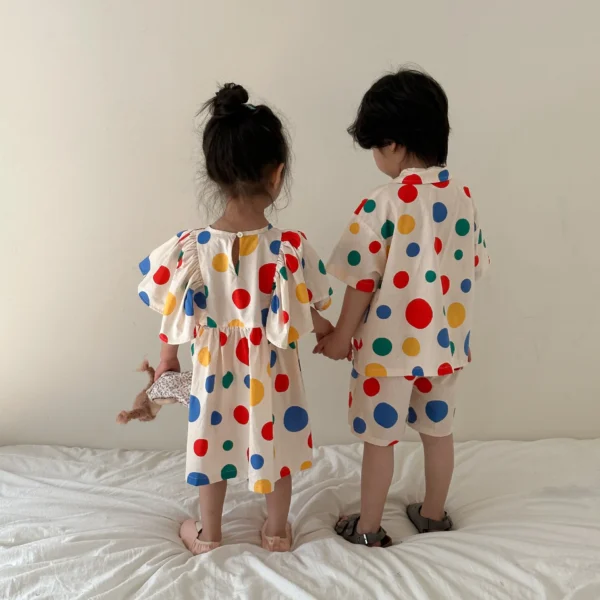 Summer Brother Sister Clothes Colourful Polka-dot Cotton Girls Dress Short Sleeve Tops Loose Shorts Two Piece Suit Sibling Look - Image 2