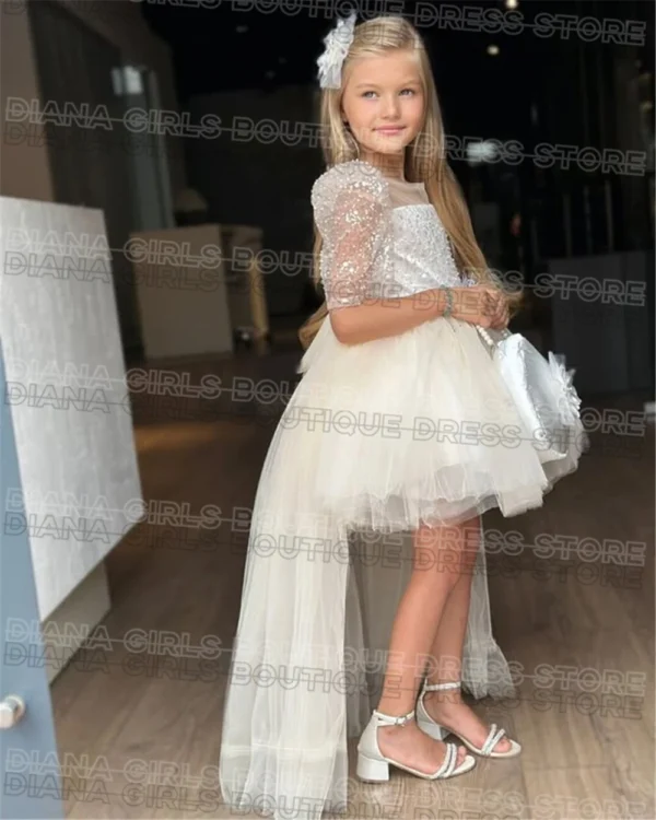 Luxury White Or Pink Flower Girl Dress Sequins Tulle Puffy Bow Belt Backless Wedding Ball Dresses Kids Birthday Evening Gowns - Image 3