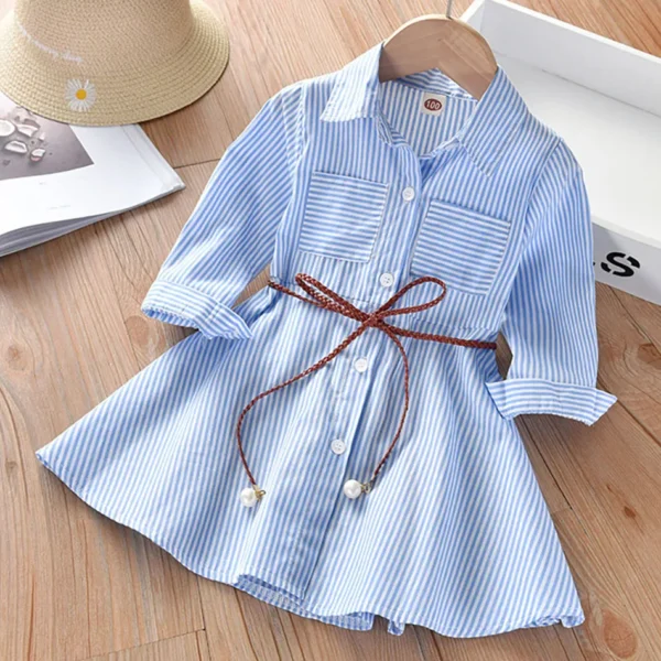 2024 Girls Fashion Clothes for Spring Autumn Striped Shirt Design with Belt Stylish and Comfortable Dress Girls Casual Dresses