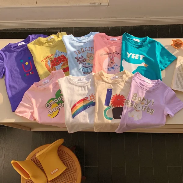 Summer Korean Toddler Girl Tees Cotton Round Collar Rainbow Baby Girl Tops Letter Printed Lose Thin Little Children Girl T-shirt - Image 4