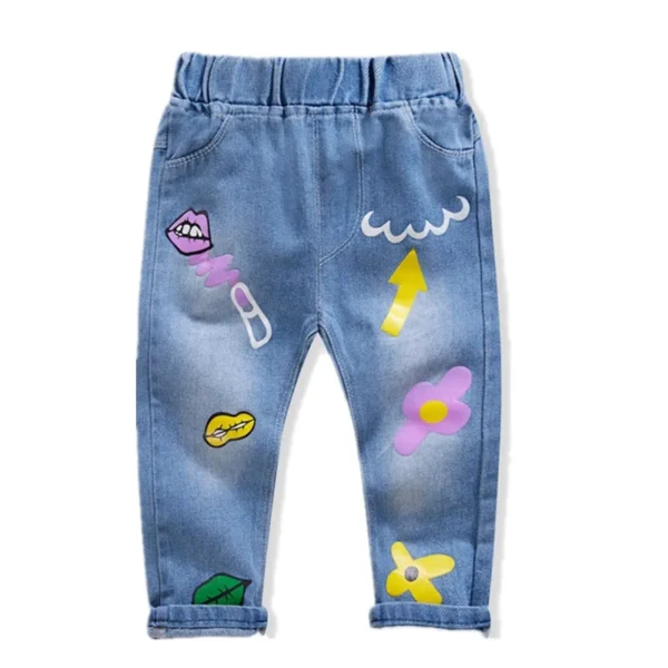 Spring Autumn Baby Girls Denim Pants Cartoon Print Versatile Children Girls Ripped Jeans Elastic Waist Kid Little Girls Trousers - Image 5