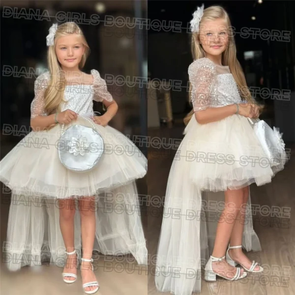 Luxury White Or Pink Flower Girl Dress Sequins Tulle Puffy Bow Belt Backless Wedding Ball Dresses Kids Birthday Evening Gowns