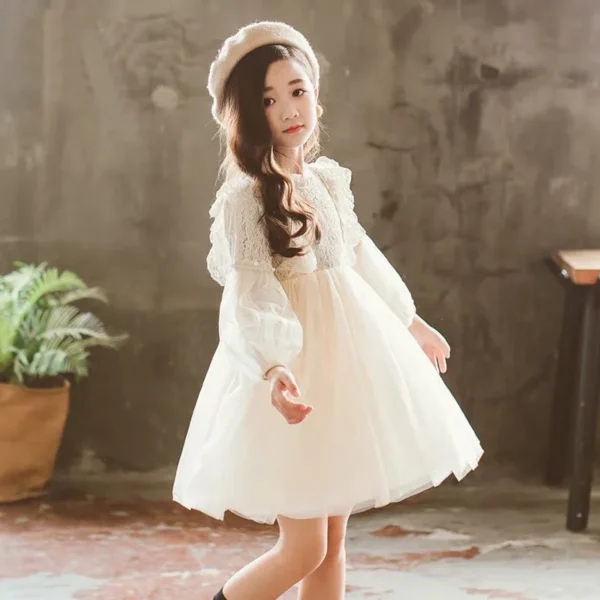 Spring Autumn Kids Girls Dresses Lantern Sleeve Lace Princess Dress Pearl Sweet O-neck Mesh Party Children's Clothing Vestidos - Image 4