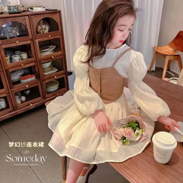 Spring Autumn Girls Dress Set Long Sleeve Children's Retro PU Leather Vest Dress Set Teenage Girls Clothing Suit 4 6 8 12Y - Image 2
