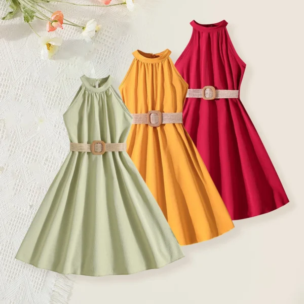 Summer Teenage Dresses For Kids Girls With Belted Halter Off Shoulder Formal Party Dress Children Girls Toddler Clothes 8-11Y - Image 4