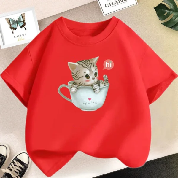 Cute Cat T-shirt in Cup Summer Short Sleeve Casual Tees Girls Top Kids Kawaii Clothing - Image 4