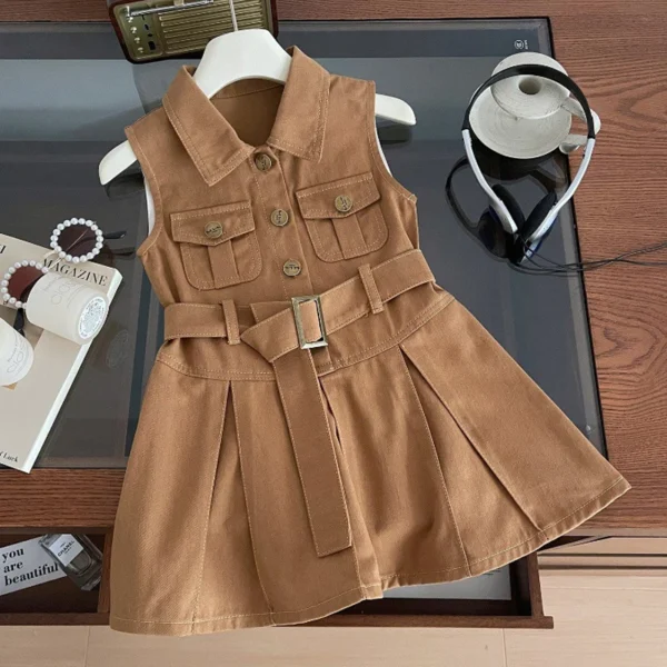 2024 Summer New Girls Denim Dress Belt Decoration Lapel Collar Sleeveless Tutu Princess Dress For 2 -10 Years Kids Fashion Dress