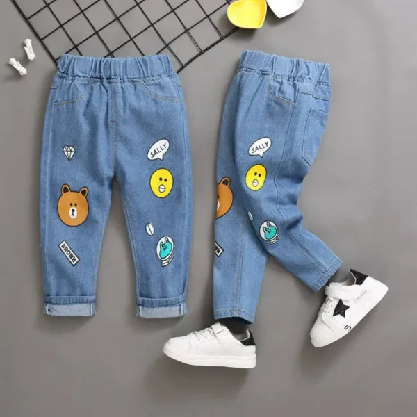 Spring Autumn Baby Girls Denim Pants Cartoon Print Versatile Children Girls Ripped Jeans Elastic Waist Kid Little Girls Trousers