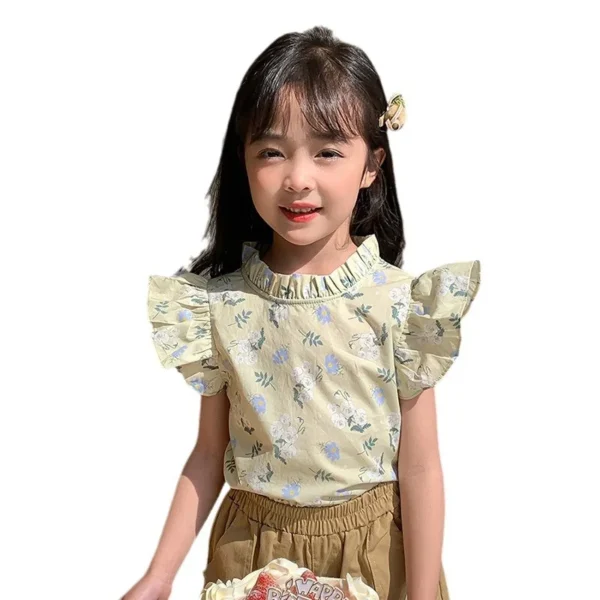 Summer 2024 Little Girls T-shirt Cotton Fly Sleeve Ruffle Collar Babys Girls Blouse Loose Floral Printed Children Girls T-shirts - Image 5
