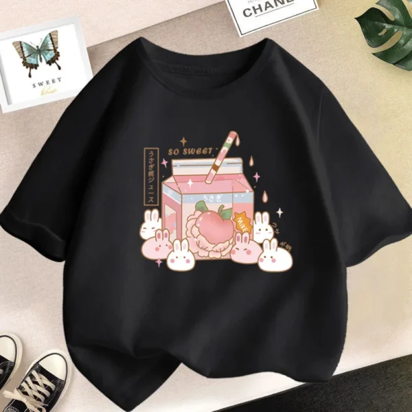 Girls Cute Strawberry Milk Shake Cartoon T-shirt Kids Short-Sleeve Graphic Pink Tops Tee - Image 3