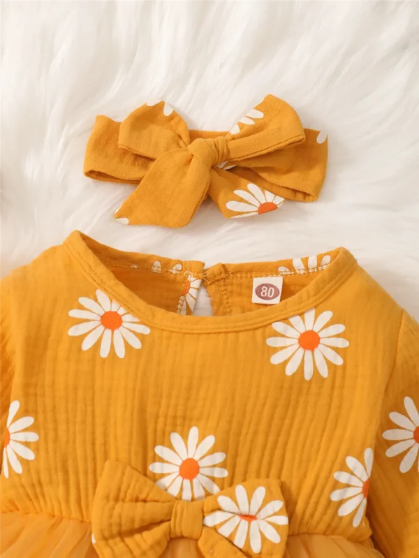 Newborn Baby Girl Romper Dress Long Sleeve Flowers Print Tulle Bodysuit Yellow Spring & Autumn Dress with Headband Clothes - Image 3