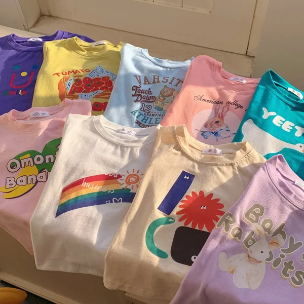 Summer Korean Toddler Girl Tees Cotton Round Collar Rainbow Baby Girl Tops Letter Printed Lose Thin Little Children Girl T-shirt - Image 2
