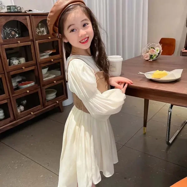 Spring Autumn Girls Dress Set Long Sleeve Children's Retro PU Leather Vest Dress Set Teenage Girls Clothing Suit 4 6 8 12Y - Image 5