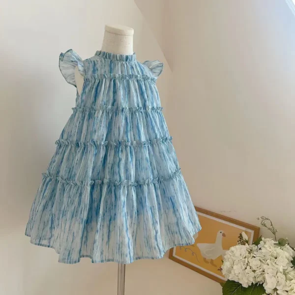 Girls Princess Dress with Bow Fashion Designer Blue Party Dress Elegant Vestidos Para Ninas Baby Girl Dress