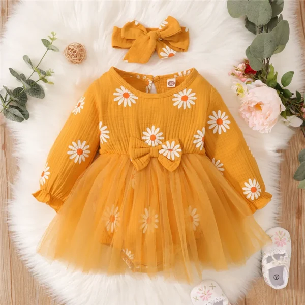 Newborn Baby Girl Romper Dress Long Sleeve Flowers Print Tulle Bodysuit Yellow Spring & Autumn Dress with Headband Clothes