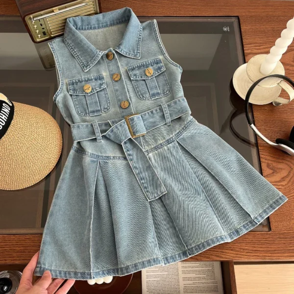 2024 Summer New Girls Denim Dress Belt Decoration Lapel Collar Sleeveless Tutu Princess Dress For 2 -10 Years Kids Fashion Dress - Image 2