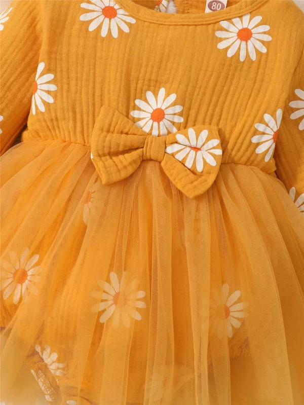 Newborn Baby Girl Romper Dress Long Sleeve Flowers Print Tulle Bodysuit Yellow Spring & Autumn Dress with Headband Clothes - Image 4