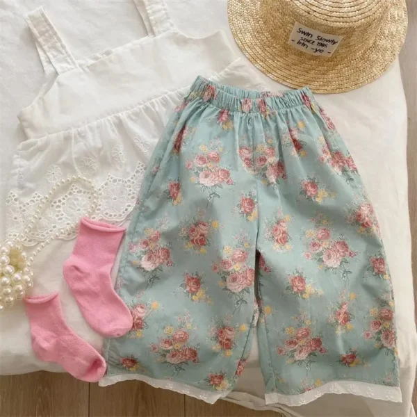 Summer Thin Korean Children'S Floral Pants For Girls With Cotton Lace Stylish And Trendy Cropped Pants Baby Kids Trousers
