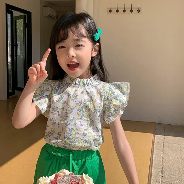 Summer 2024 Little Girls T-shirt Cotton Fly Sleeve Ruffle Collar Babys Girls Blouse Loose Floral Printed Children Girls T-shirts - Image 2