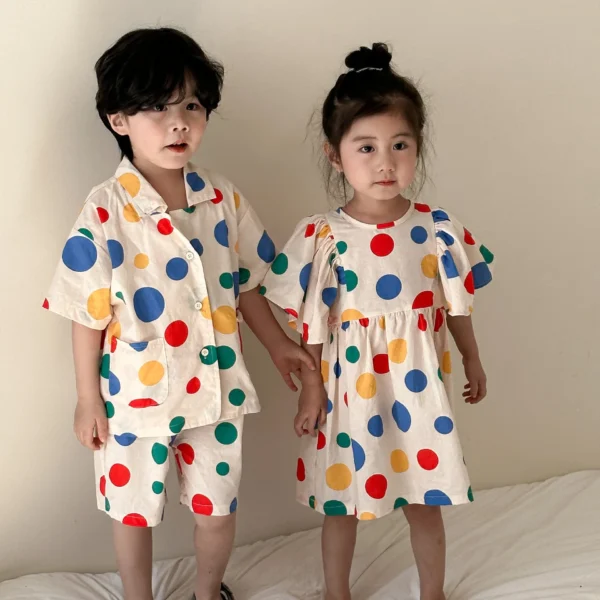 Summer Brother Sister Clothes Colourful Polka-dot Cotton Girls Dress Short Sleeve Tops Loose Shorts Two Piece Suit Sibling Look - Image 3