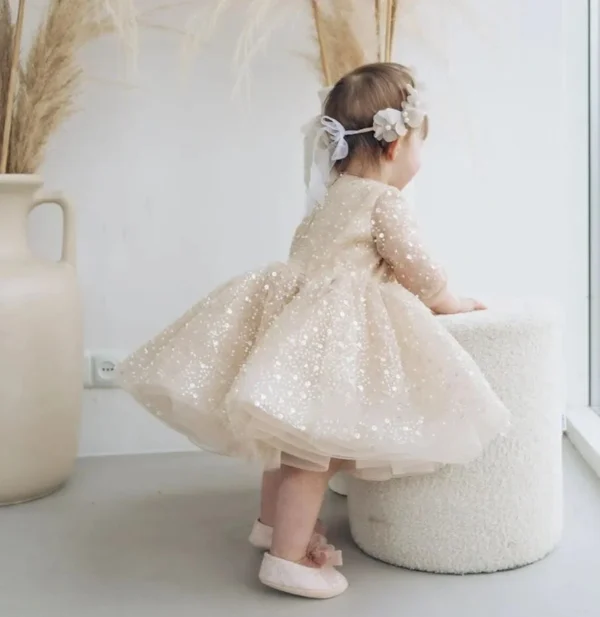 Glitter Sequins Champagne Flower Girl Dress For Wedding Tulle Puffy Full Sleeve Child First Eucharistic Birthday Party Dresses