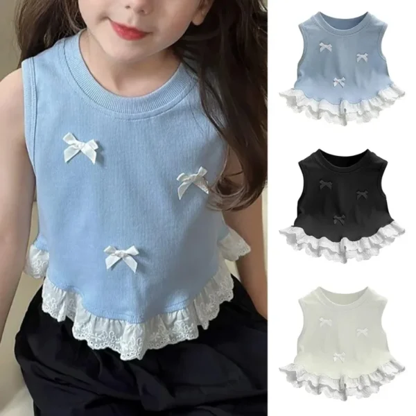 Stylish Children Tank Tops Vest Girls Summer Short Sleeveless Bow-Knot Floral Lace Clothes Kids Casual Wear Cute T-Shirt