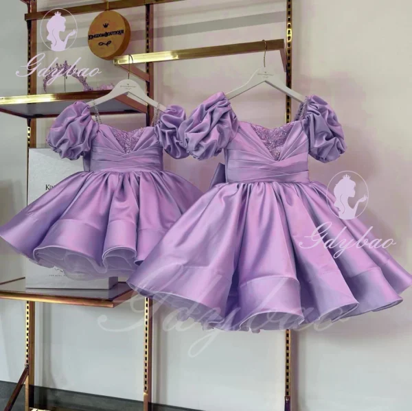 Beaded Puffy Flower Girl Dress For Wedding 2024 Applique Knee Length With Bow Kids Birthday Party Ball Gowns Princess Dress - Image 5