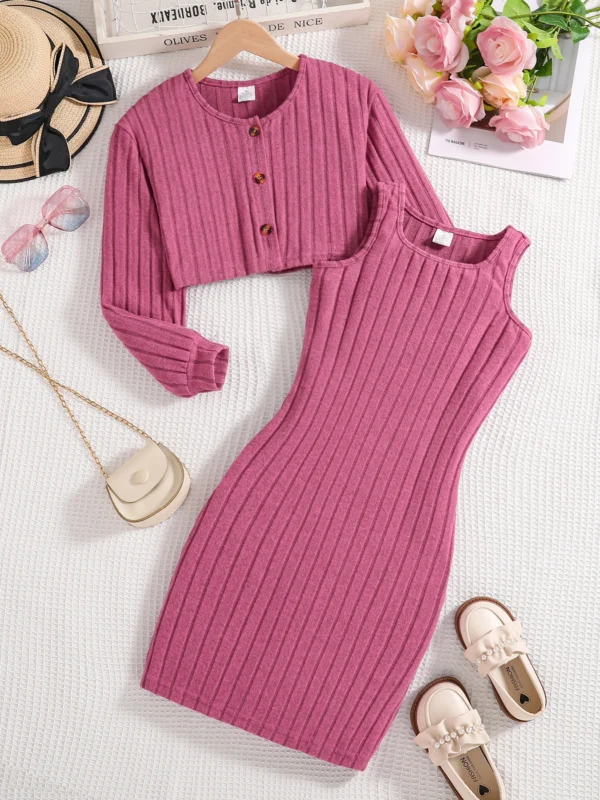 Spring and autumn new girls fashion knitwear solid color pit strip round neck long sleeve shirt sleeveless casual dress 2-piece
