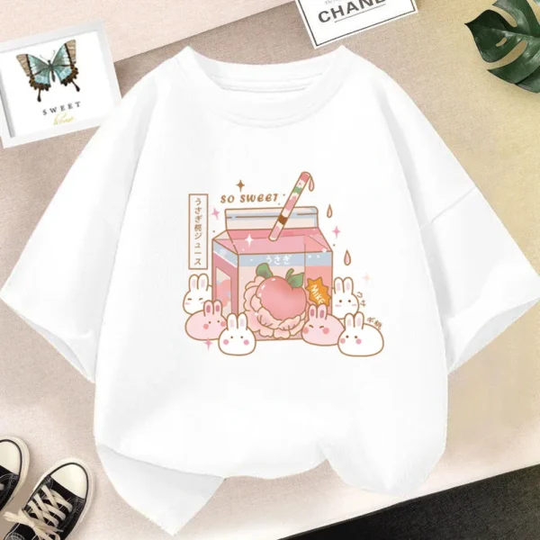 Girls Cute Strawberry Milk Shake Cartoon T-shirt Kids Short-Sleeve Graphic Pink Tops Tee - Image 2