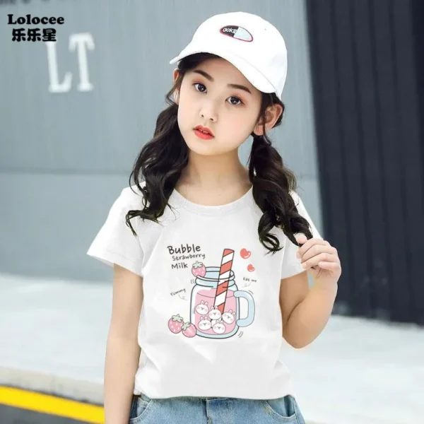 Girls Cute Strawberry Milk Shake Cartoon T-shirt Kids Short-Sleeve Graphic Pink Tops Tee - Image 4