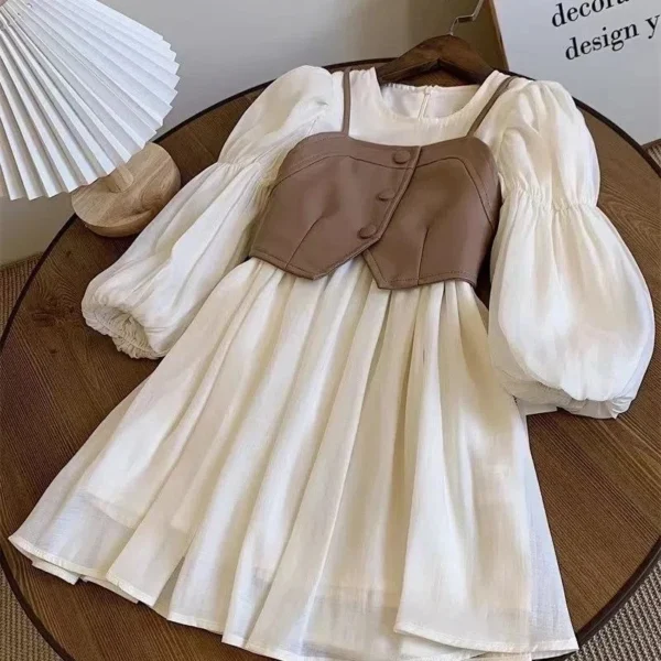 Spring Autumn Girls Dress Set Long Sleeve Children's Retro PU Leather Vest Dress Set Teenage Girls Clothing Suit 4 6 8 12Y